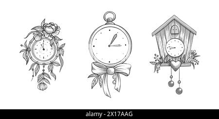 Set of doodle sketch watches. Alarm clocks, stop-watch and timer. Time icon in Hand-drawn style. Vector illustration. Stock Vector
