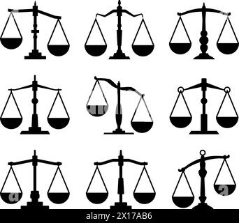vector set of law scales of justice icons. weight balance, integrity of law concept illustration. black and white scales flat symbols Stock Vector