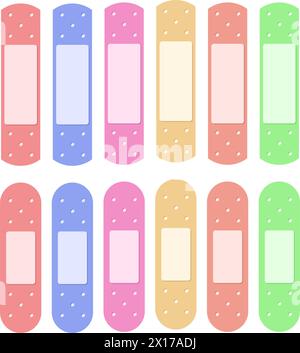 vector set of band aids. medical plasters of different colors. adhesive aid bandages, medical patches Stock Vector