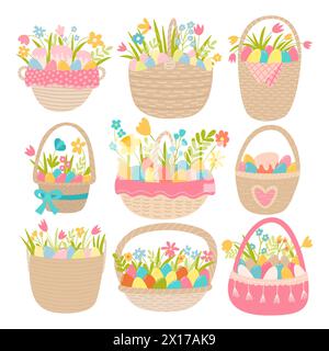 Set of Wicker baskets with Easter eggs and Happy Easter greeting ...