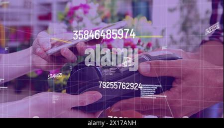 Image of statistics and data processing on grey background Stock Photo