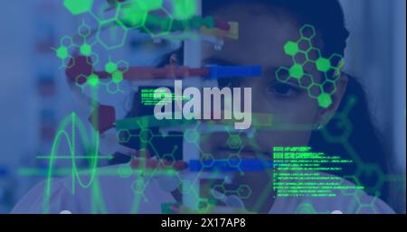 Image of data processing and chemical formula over biracial schoolgirl Stock Photo