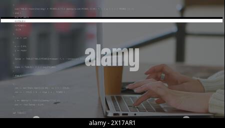 Image of data processing over hands using laptop Stock Photo
