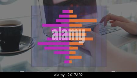 Image of data processing over hands using laptop Stock Photo