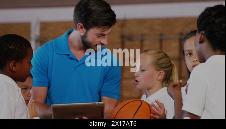 Image of statistics and data processing over business people using phone headsets Stock Photo