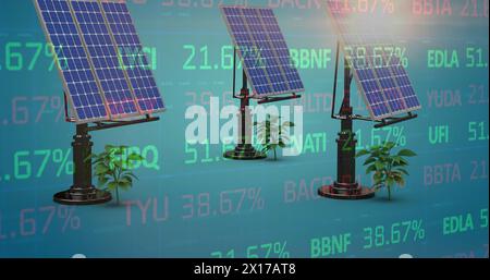 Image of financial data processing over solar panels and plants Stock Photo