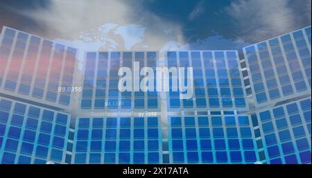 Image of financial data processing with numbers over world map and solar panels Stock Photo