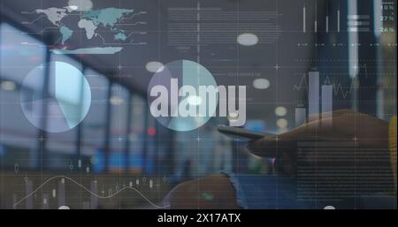 Statistical data processing against mid section of a woman using smartphone Stock Photo