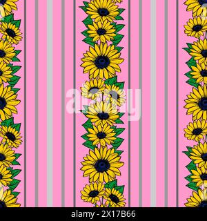 seamless vertical pattern of stripes and yellow flowers, texture, background Stock Photo