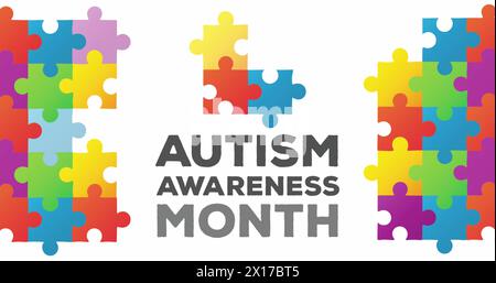 Image of autism awareness month text with puzzle pieces on white background Stock Photo