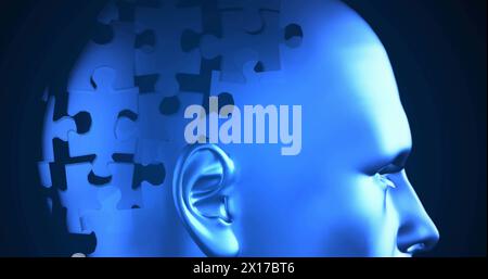 Image of autism awareness month text with puzzle pieces over head on black background Stock Photo