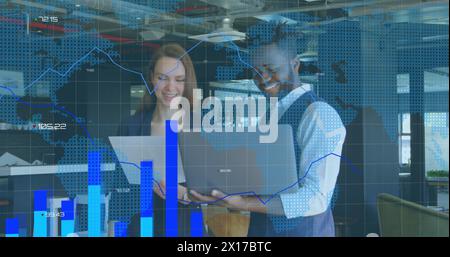 Image of statistical data processing over diverse businessman and businesswoman discussing Stock Photo