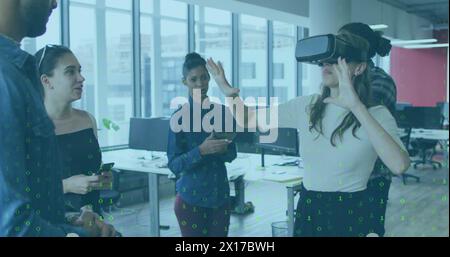Image of binary coding data processing over business people in office Stock Photo