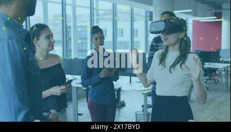 Image of binary coding data processing over business people in office Stock Photo