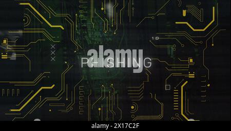 Image of phishing text and computing board over server room Stock Photo