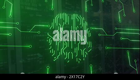 Image of neon network of connections with digital brain over server room Stock Photo