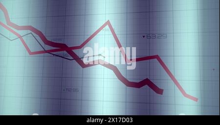Image of red lines and financial data processing over grid Stock Photo