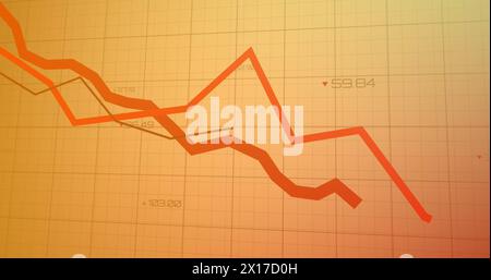 Image of red lines and financial data processing over grid Stock Photo