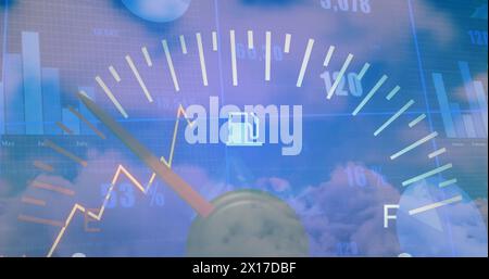 Image of speedometer over multiple graphs and changing numbers against cloudy sky Stock Photo