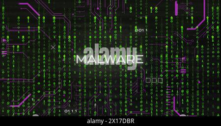 Image of malware text and binary coding data processing over circuit board Stock Photo