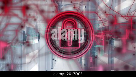 Image of security padlock icon over 3d city model spinning against computer server room Stock Photo