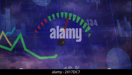 Image of speedometer and statistical data processing against rain and clouds in the sky Stock Photo