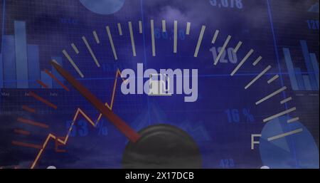 Image of speedometer and statistical data processing against thunderstorm and clouds in the sky Stock Photo