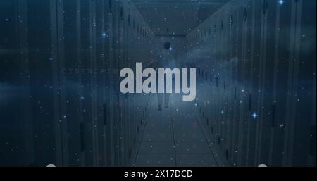 Image of cyber security data processing and stars over male engineer walking in server room Stock Photo