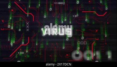 Image of virus text in circuit board pattern over falling binary codes against black background Stock Photo
