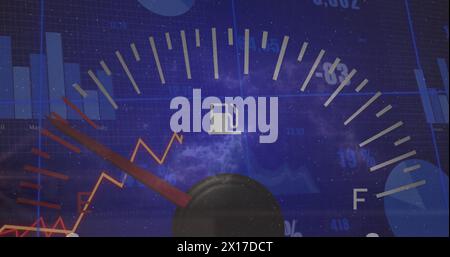 Image of speedometer, statistical data processing and light spot against clouds in the sky Stock Photo