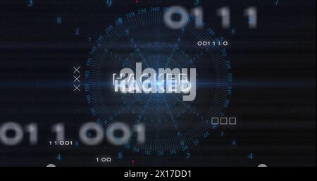 Image of hacked text and data processing over circuit board Stock Photo