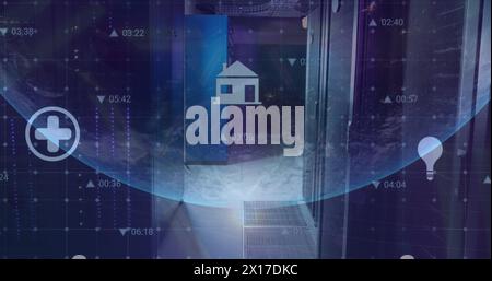 Image of multiple digital icons over globe against computer server room Stock Photo