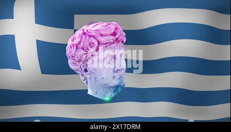 Image of antique head sculpture over greek flag background Stock Photo