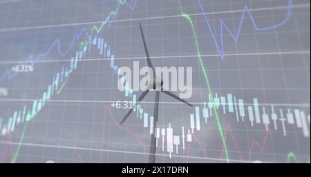 Image of multiple graphs with changing numbers, rotating windmills on green field against sky Stock Photo
