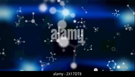 Image of white molecules floating on blue background Stock Photo