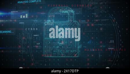 Digital image of a circuit board shaped into a padlock and codes in the background Stock Photo