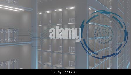 Image of fingerprint icon in circle over moving data server systems in room Stock Photo
