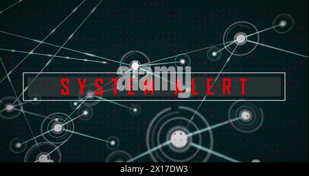 Image of system alert text and connected dots on black background Stock Photo