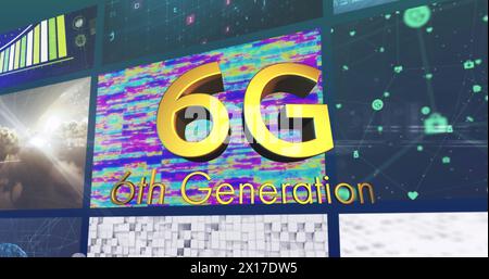 Image of 6g 6th generation text in gold over colourful clips playing on composite screens Stock Photo