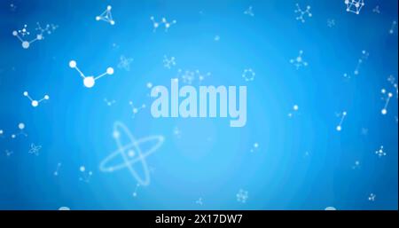 Image of white molecules floating on blue background Stock Photo