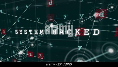 Image of system hacked, malware, alert text with letters and numbers over connected dots Stock Photo