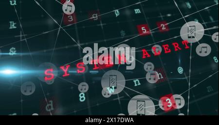 Image of system hacked, malware, alert text, letters, numbers, connected phone and music icons Stock Photo