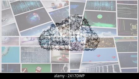 Image of cloud network over various clips playing on composite screens Stock Photo
