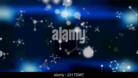 Image of white molecules floating on blue background Stock Photo