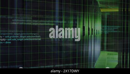 Image of programming language, cyber security, message icons over data server systems Stock Photo