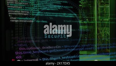 Image of padlock, cyber security text, computer language over data server systems Stock Photo