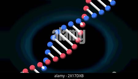 Image of dna strand spinning on blue background Stock Photo