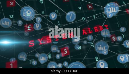 Image of system hacked, malware, alert text, letters, numbers with connected gps and graph icons Stock Photo