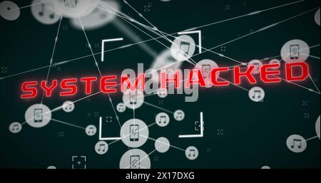 Image of system hacked text with viewfinder and connected phone and music icons Stock Photo