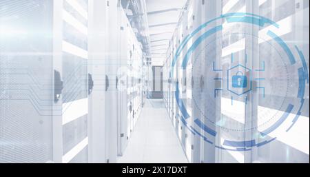 Image of padlock icon in circle over data server systems in room Stock Photo